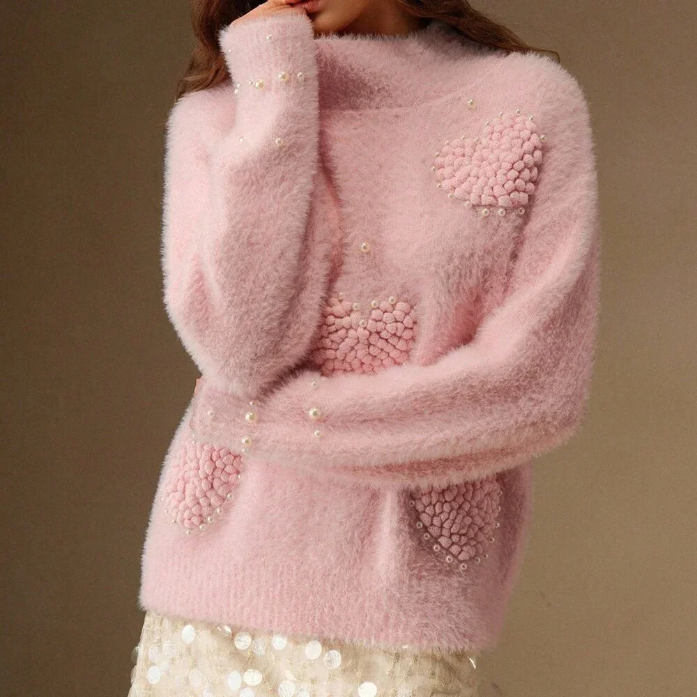 Pink Elegant Women's Chic Velvet Sweater